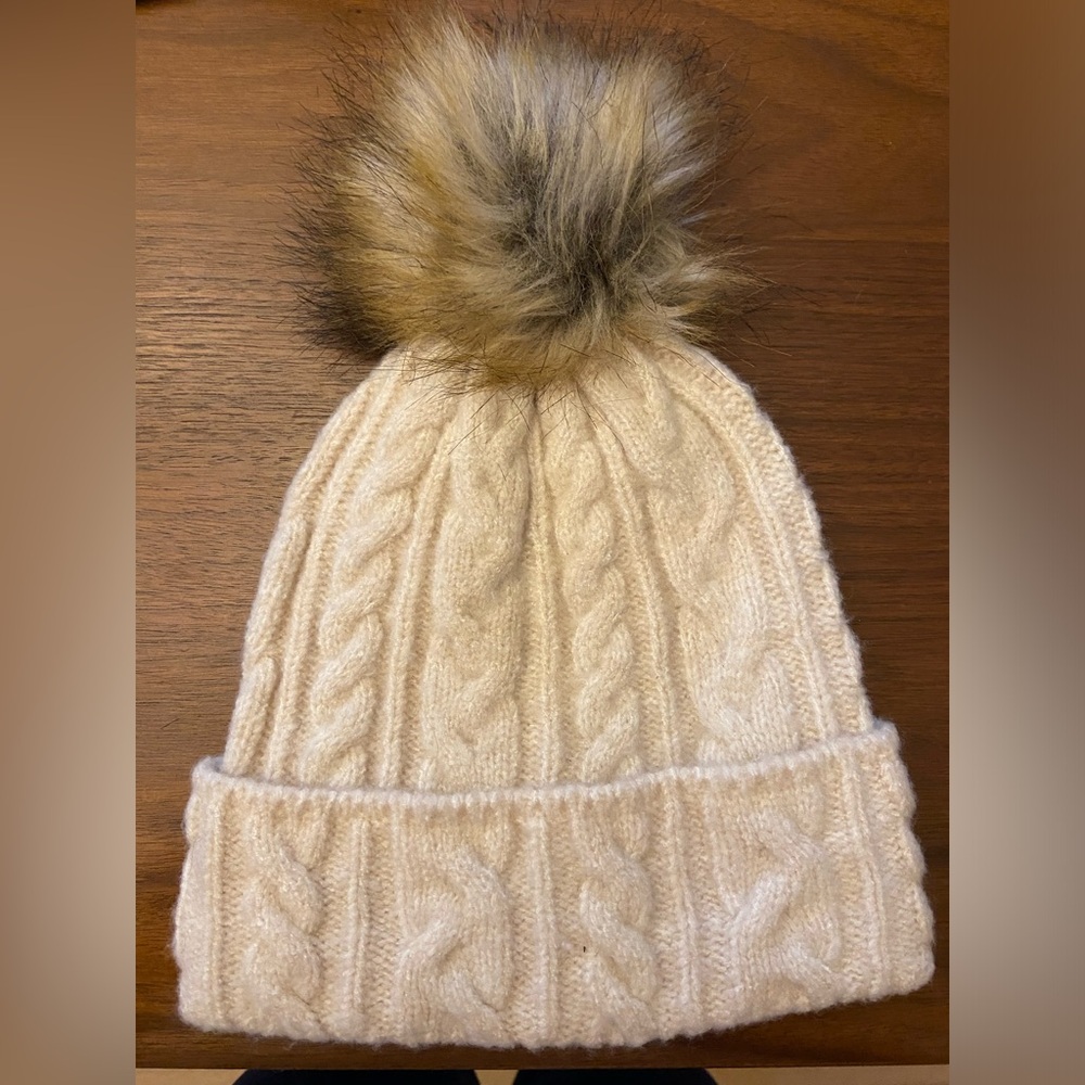 Cozy Cream Cable Knit Beanie with Faux Fur Pom